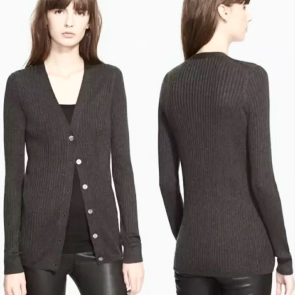 Vince Ribbed Charcoal Gray Cashmere Blend V-Neck Skinny Button Cardigan Size XS